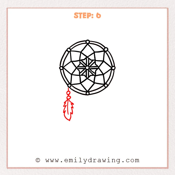 how to draw a dream catcher - A dream catcher with a new lower-left dangling bead string and a simple feather added beneath the hoop.